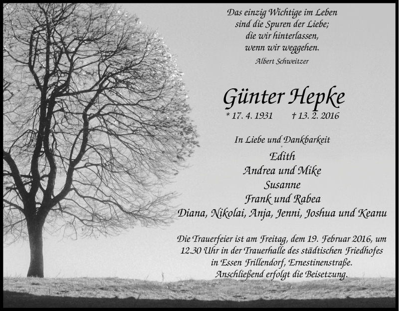  Traueranzeige für Günter Hepke vom 17.02.2016 aus Tageszeitung