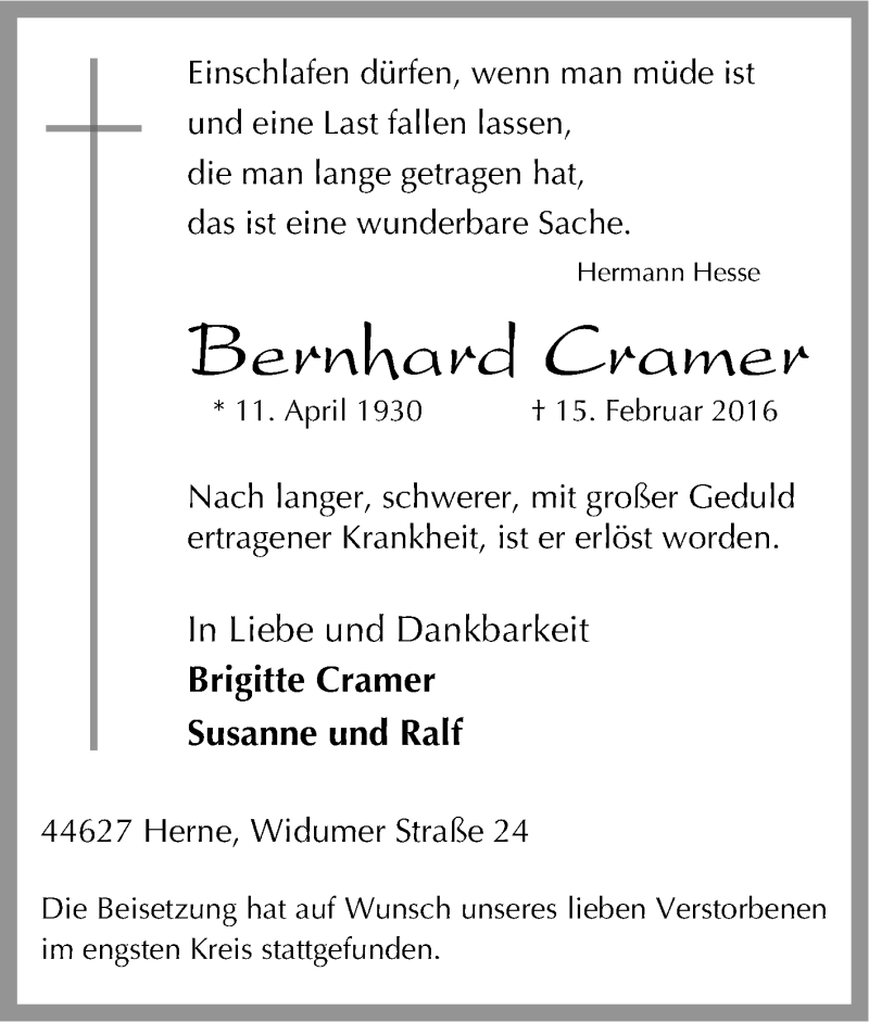  Traueranzeige für Bernhard Cramer vom 24.02.2016 aus Tageszeitung