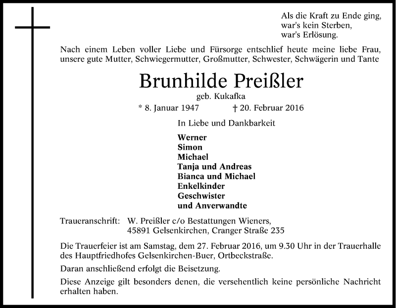  Traueranzeige für Brunhilde Preißler vom 23.02.2016 aus Tageszeitung