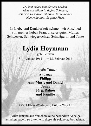 Traueranzeige von Lydia Hoymann von Tageszeitung
