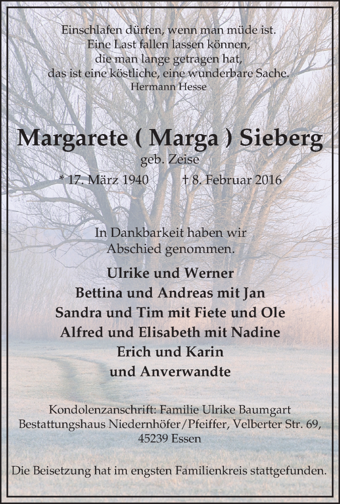  Traueranzeige für Margarete Sieberg vom 24.02.2016 aus Tageszeitung