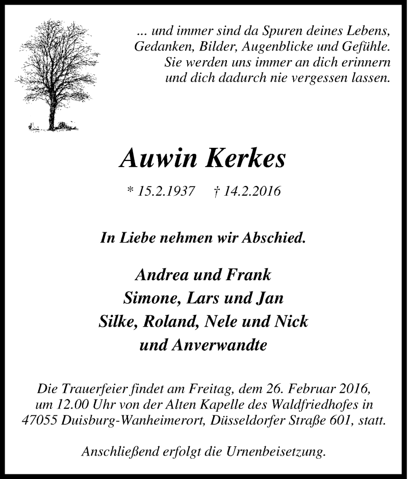  Traueranzeige für Auwin Kerkes vom 20.02.2016 aus Tageszeitung