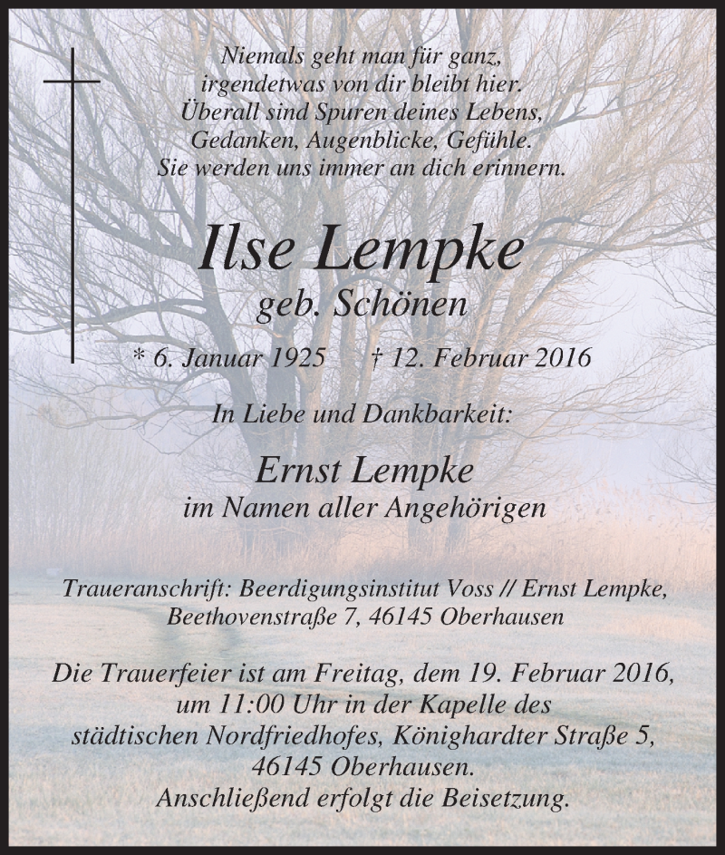  Traueranzeige für Ilse Lempke vom 18.02.2016 aus Tageszeitung