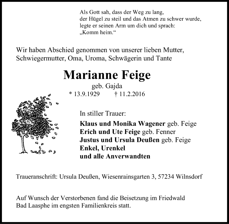  Traueranzeige für Marianne Feige vom 22.02.2016 aus Tageszeitung