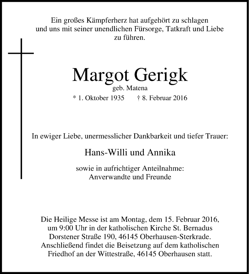  Traueranzeige für Margot Gerigk vom 12.02.2016 aus Tageszeitung