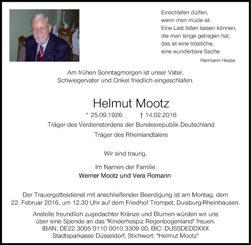  Traueranzeige für Helmut Mootz vom 20.02.2016 aus Tageszeitung