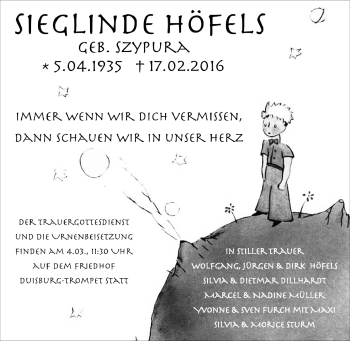 Traueranzeige von Sieglinde Höfels von Tageszeitung