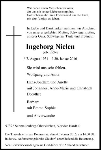 Traueranzeige von Ingeborg Nielen von Tageszeitung