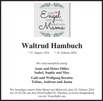 Traueranzeige von Waltrud Hambuch von Tageszeitung