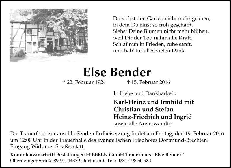  Traueranzeige für Else Bender vom 16.02.2016 aus Tageszeitung