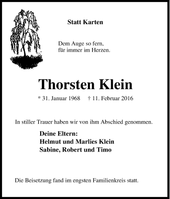 Traueranzeige von Thorsten Klein von Tageszeitung