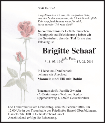 Traueranzeige von Brigitte Schaaf von Tageszeitung