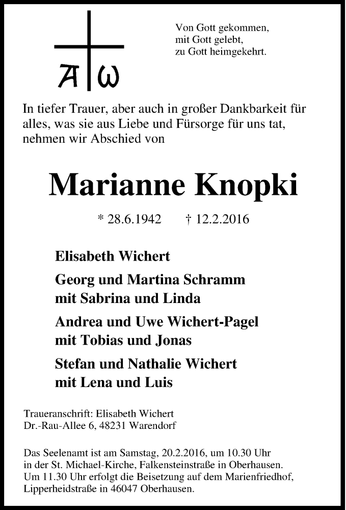  Traueranzeige für Marianne Knopki vom 18.02.2016 aus Tageszeitung