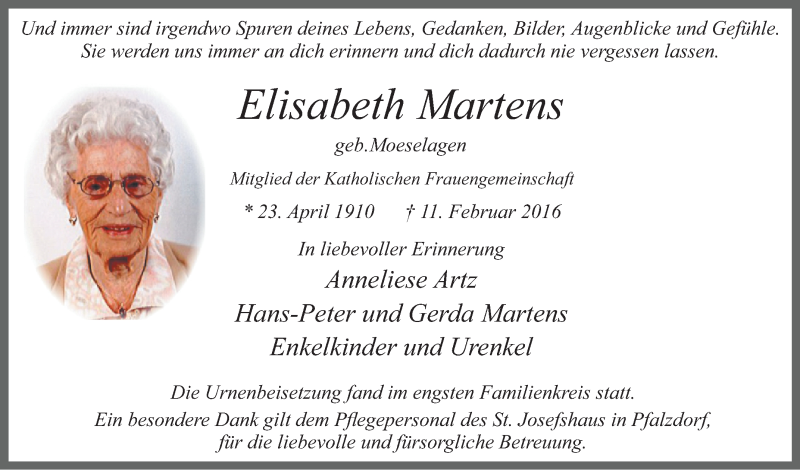  Traueranzeige für Elisabeth Martens vom 27.02.2016 aus Tageszeitung