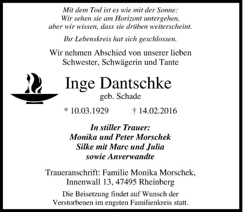  Traueranzeige für Inge Dantschke vom 17.02.2016 aus Tageszeitung