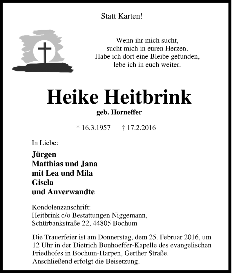  Traueranzeige für Heike Heitbrink vom 22.02.2016 aus Tageszeitung