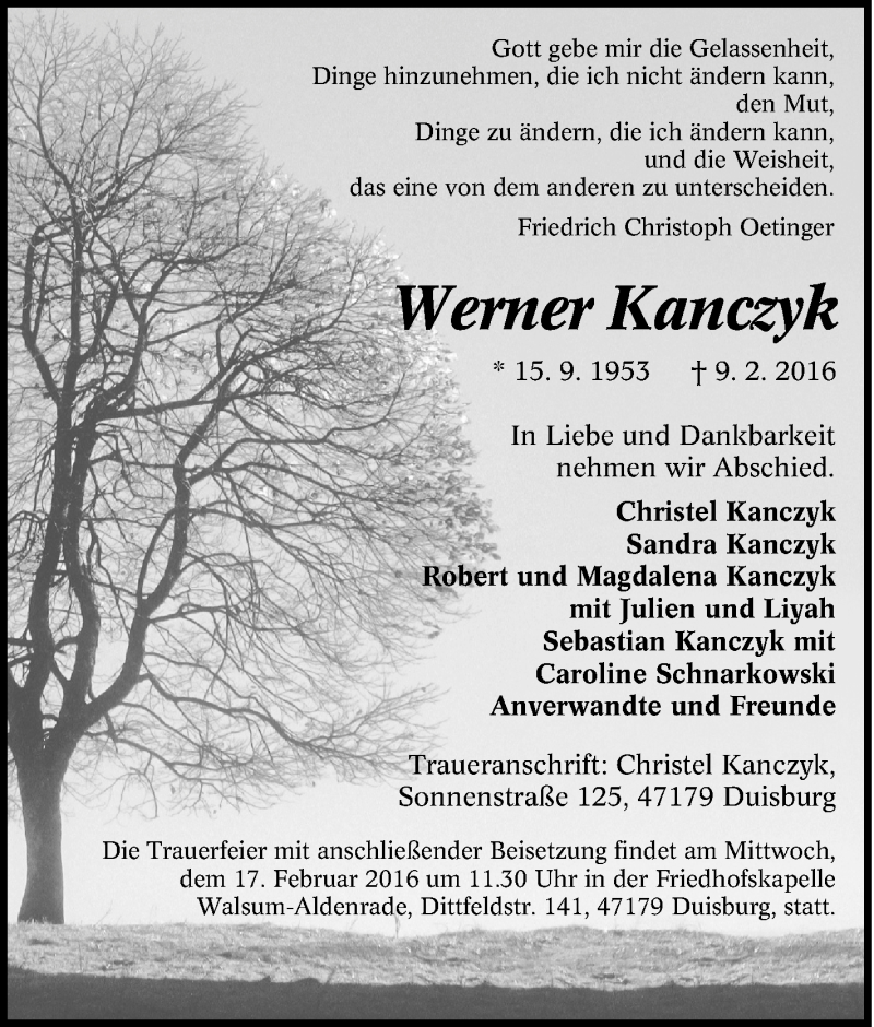  Traueranzeige für Werner Kanczyk vom 15.02.2016 aus Tageszeitung