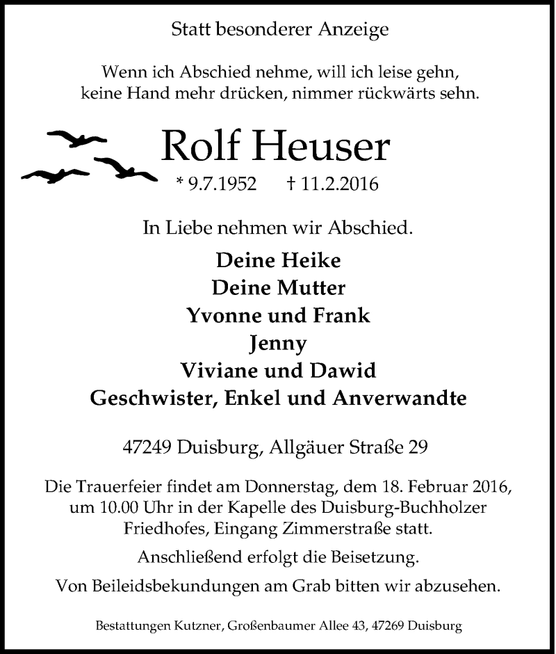  Traueranzeige für Rolf Heuser vom 13.02.2016 aus Tageszeitung