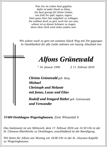 Traueranzeige von Alfons Grünewald von Tageszeitung