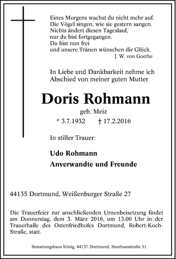 Traueranzeige von Doris Rohmann von Tageszeitung