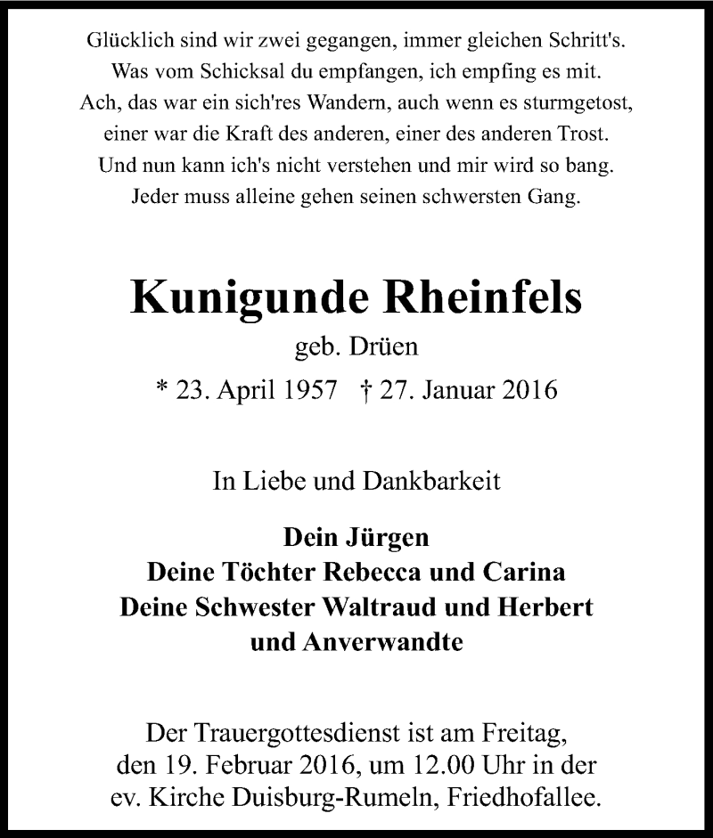  Traueranzeige für Kunigunde Rheinfels vom 13.02.2016 aus Tageszeitung