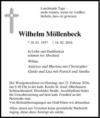 Traueranzeige von Wilhelm Möllenbeck von Tageszeitung