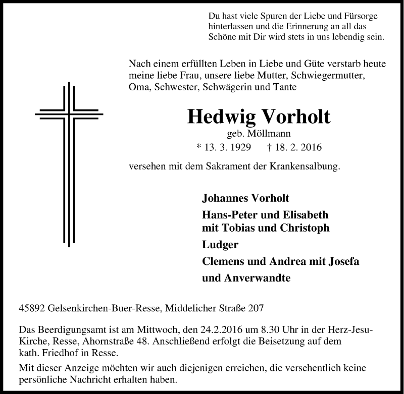  Traueranzeige für Hedwig Vorholt vom 20.02.2016 aus Tageszeitung