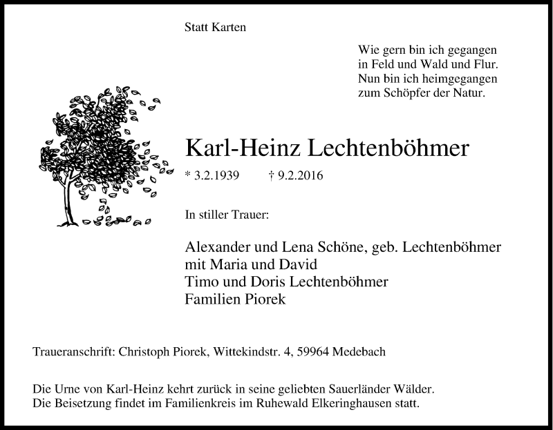  Traueranzeige für Karl-Heinz Lechtenböhmer vom 27.02.2016 aus Tageszeitung