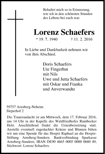 Traueranzeige von Lorenz Schaefers von Tageszeitung