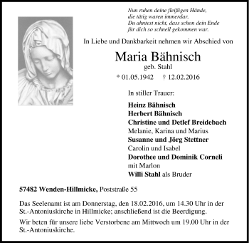 Traueranzeige von Maria Bähnisch von Tageszeitung