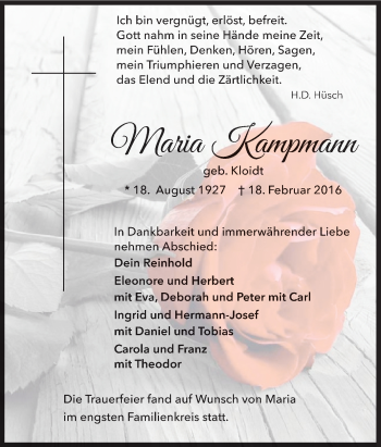 Traueranzeige von Maria Kampmann von Tageszeitung