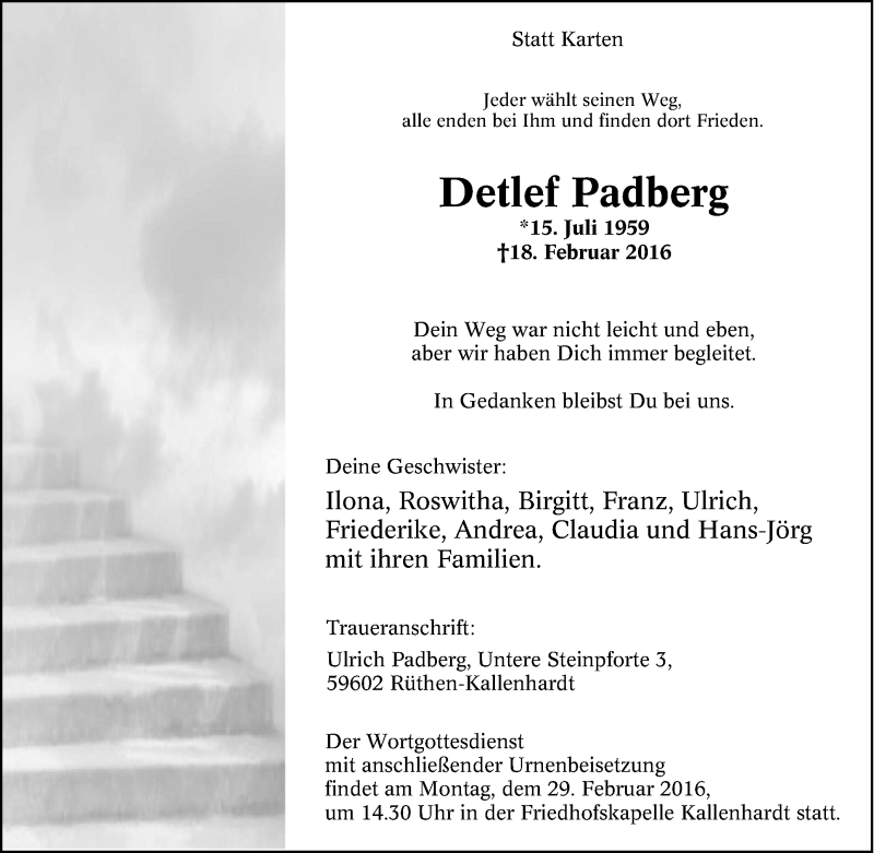  Traueranzeige für Detlef Padberg vom 24.02.2016 aus Tageszeitung