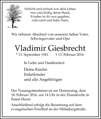 Traueranzeige von Vladimir Giesbrecht von Tageszeitung