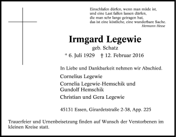 Traueranzeige von Irmgard Legewie von Tageszeitung