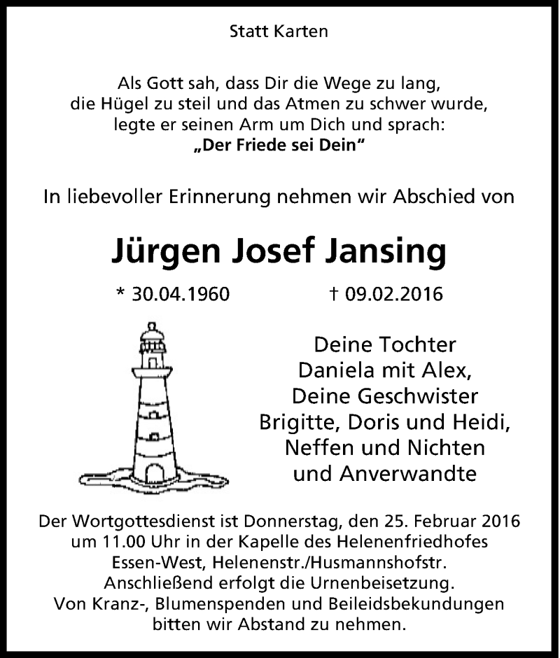  Traueranzeige für Jürgen Josef Jansing vom 20.02.2016 aus Tageszeitung