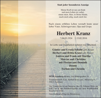 Traueranzeige von Herbert Kranz von Tageszeitung
