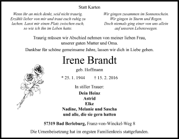 Traueranzeige von Irene Brandt von Tageszeitung
