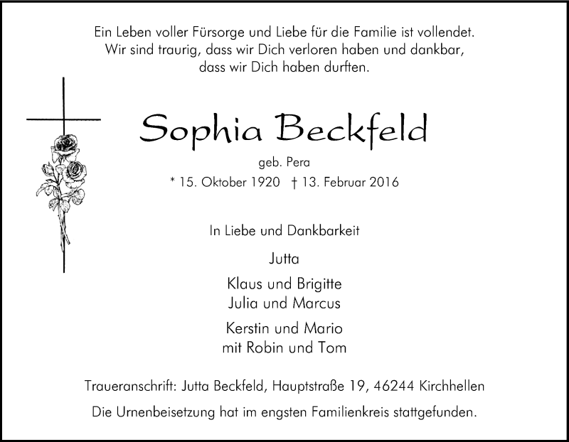 Traueranzeige für Sophia Beckfeld vom 25.02.2016 aus Tageszeitung