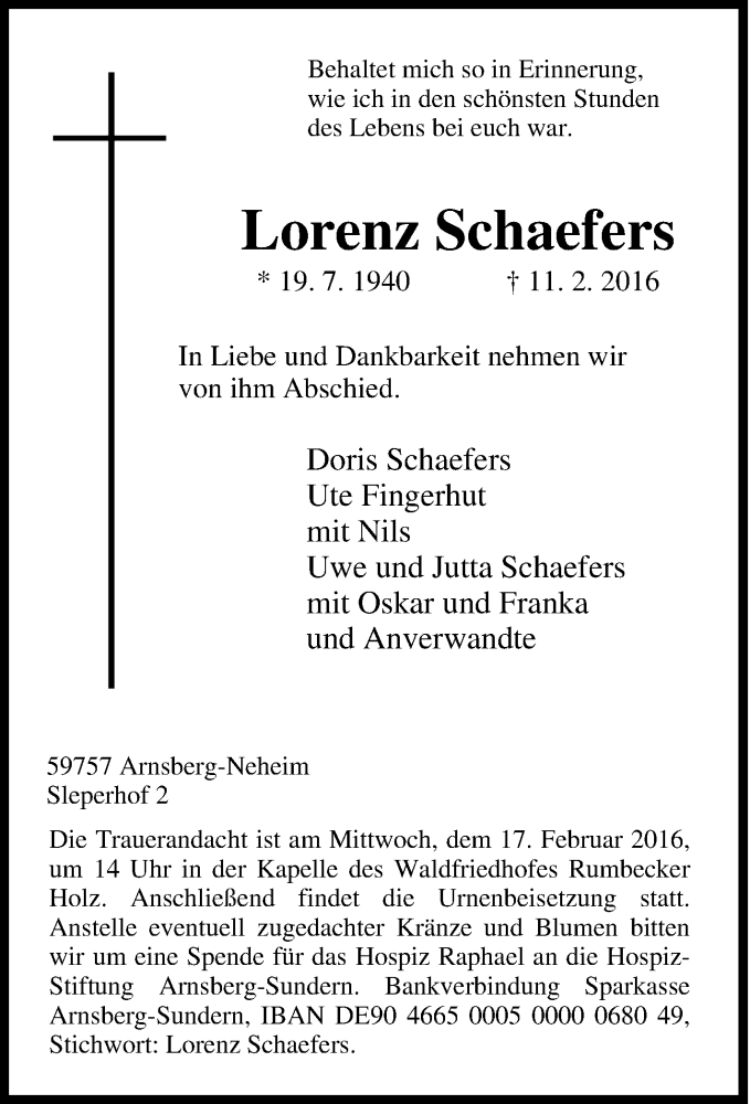  Traueranzeige für Lorenz Schaefers vom 13.02.2016 aus Tageszeitung