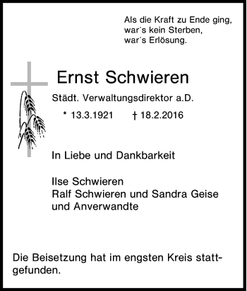 Traueranzeige von Ernst Schwieren von Tageszeitung