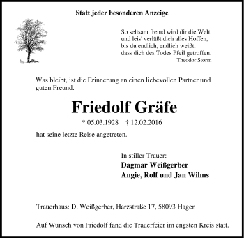 Traueranzeige von Friedolf Gräfe von Tageszeitung