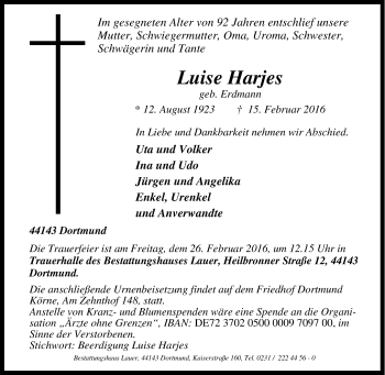 Traueranzeige von Luise Harjes von Tageszeitung