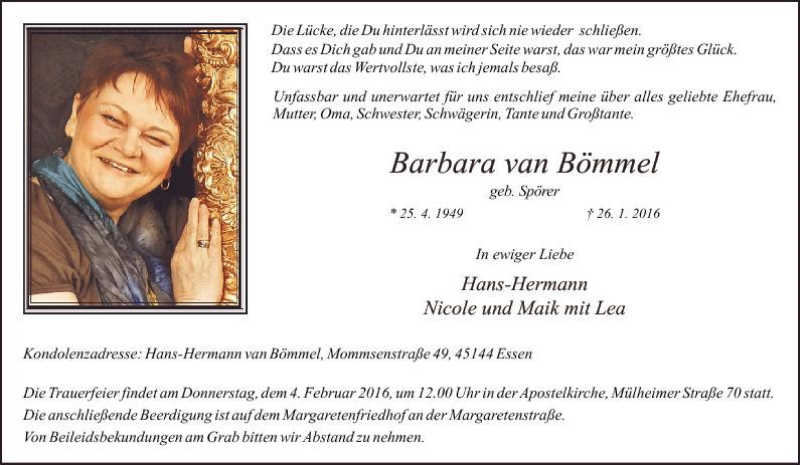  Traueranzeige für Barbara van Bömmel vom 02.02.2016 aus Tageszeitung