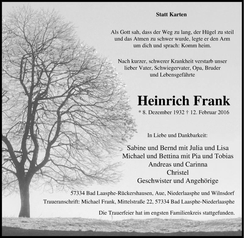  Traueranzeige für Heinrich Frank vom 18.02.2016 aus Tageszeitung