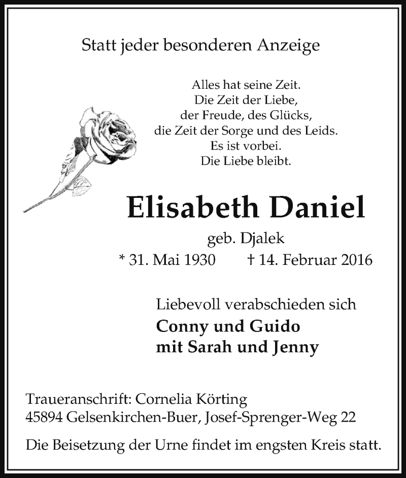  Traueranzeige für Elisabeth Daniel vom 07.03.2016 aus Tageszeitung