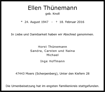 Traueranzeige von Ellen Thünemann von Tageszeitung
