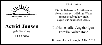Traueranzeige von Astrid Jansen von Tageszeitung