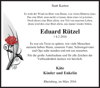 Traueranzeige von Eduard Rützel von Tageszeitung