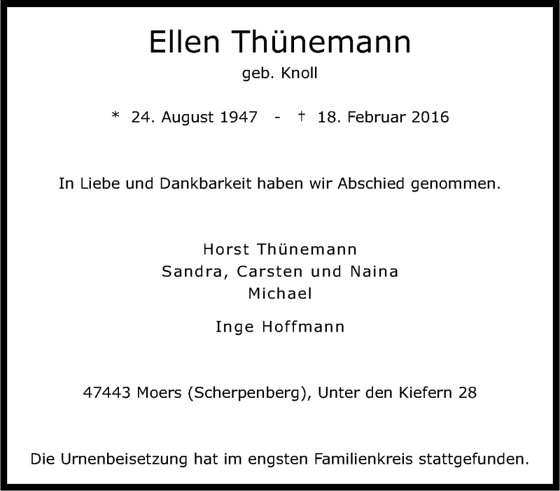  Traueranzeige für Ellen Thünemann vom 12.03.2016 aus Tageszeitung