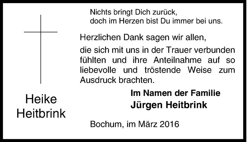  Traueranzeige für Heike Heitbrink vom 07.03.2016 aus Tageszeitung
